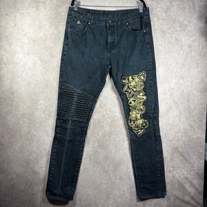 DNM Collection Jeans‎ Mens Size 36 Black Denim Embroidered Tapered Pockets Moto